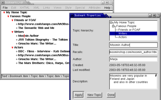 topic hierarchy view with a view of an opened bookmark