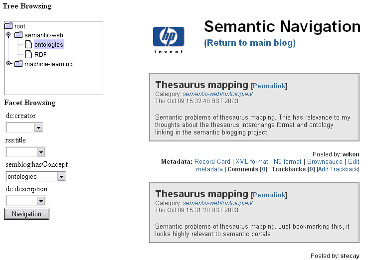 Screenshot of navigation on the semantic blogging demonstrator