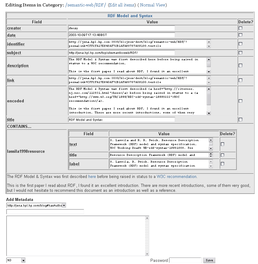 Screenshot of metadata editing on the semantic blogging demonstrator