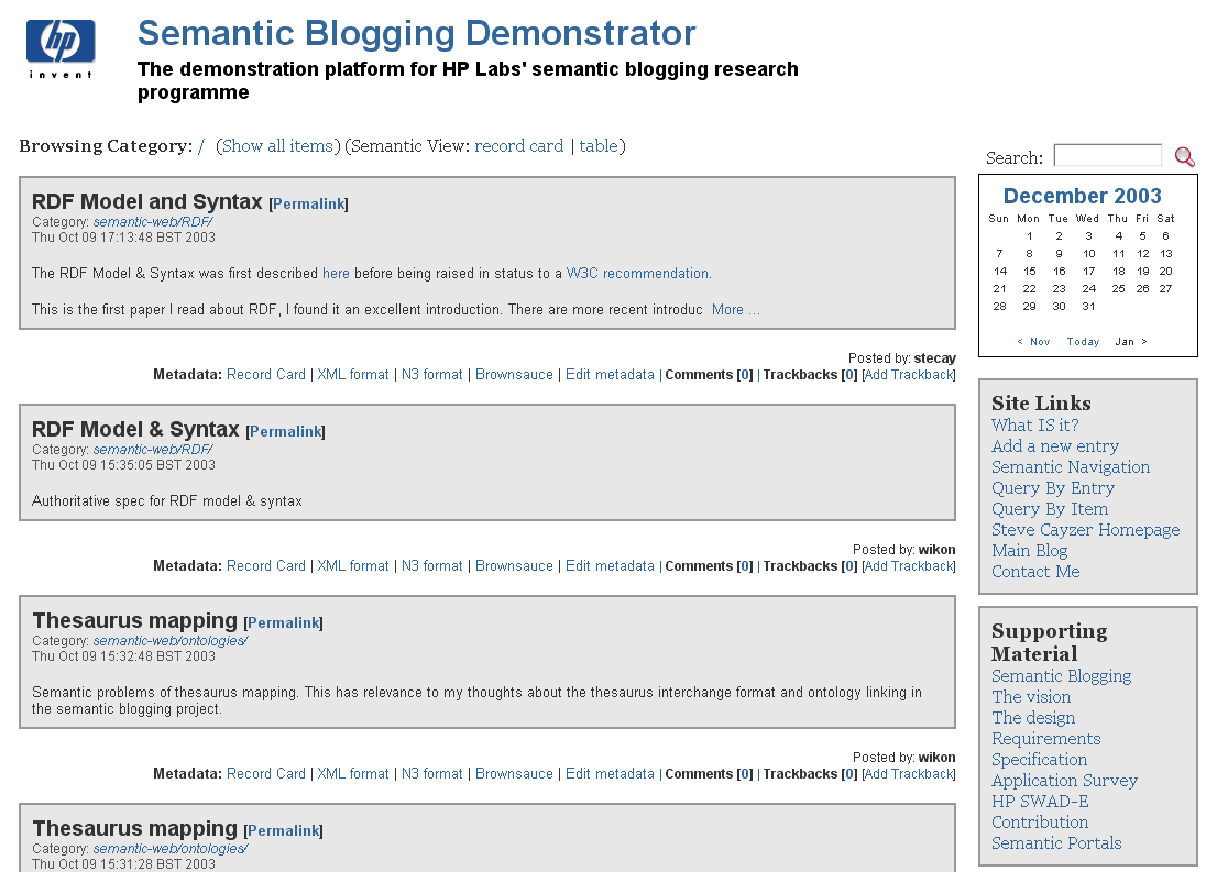 User entry point to semantic blogging demonstrator