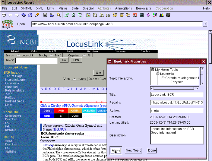 bookmarking locuslink BCR gene information