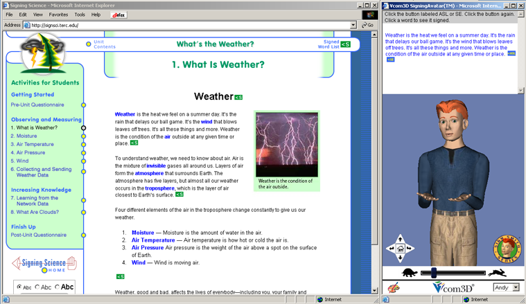 Screen capture of Signing Science Web page, showing animated avatar interpreting a paragraph about the weather