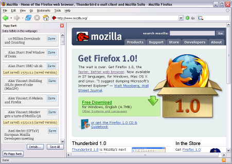 Piggybank screenshot, showing the Mozilla home page and associated semantic data in a sidebar.