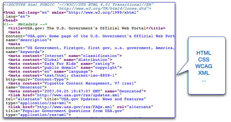 USA.gov code showing some of the W3C technologies involved in its development