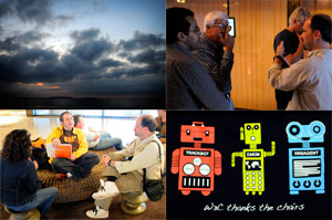 Four Scenes from TPAC: sunrise, two hallway discussions, irc bots shown on Chairs T-shirt
