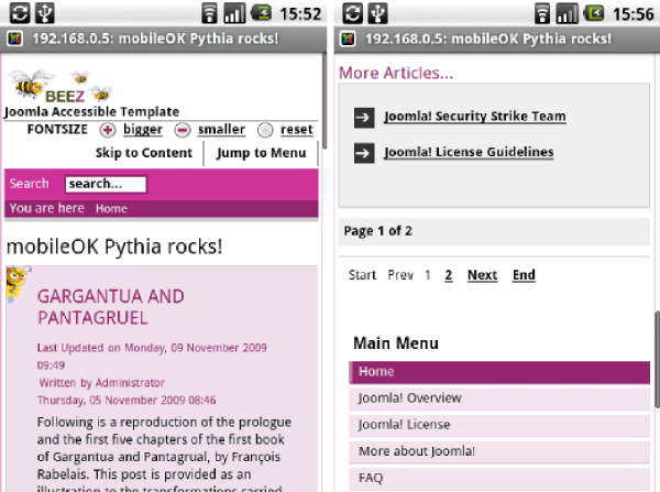 Illustration of the transcoding actions performed by the mobileOK Pythia plug-in on a typical Joomla Web site