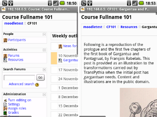 Typical Moodle Web site without mobile plug-in on a high-end mobile device