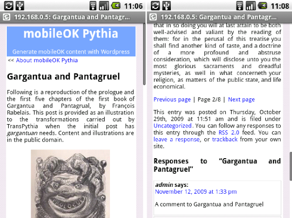 Illustration of the transcoding actions performed by the mobileOK Pythia plug-in on a typical blog post in WordPress