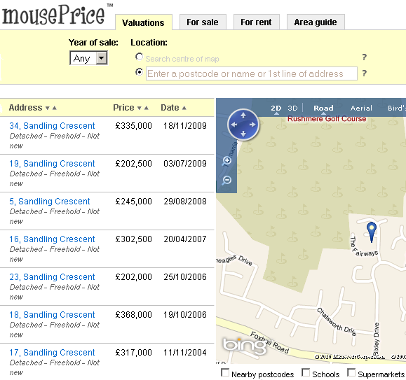 Screenshot of mouseprice.com showing prices paid and dates for house purchases on a UK street and a map of the location