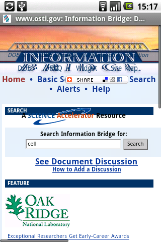 Screenshot of the home page of the OSTI bridge on a high-end mobile device