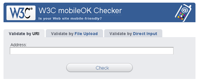 mobileOK interface showing usual URI, File Upload and Direct Input Options
