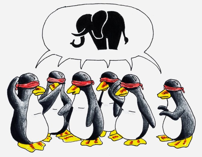 a group of blind fold penguins trying to visualise an elephant