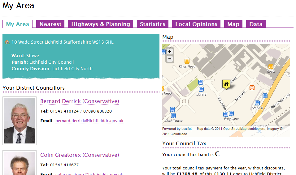 screenshot of Lichfield My Area service