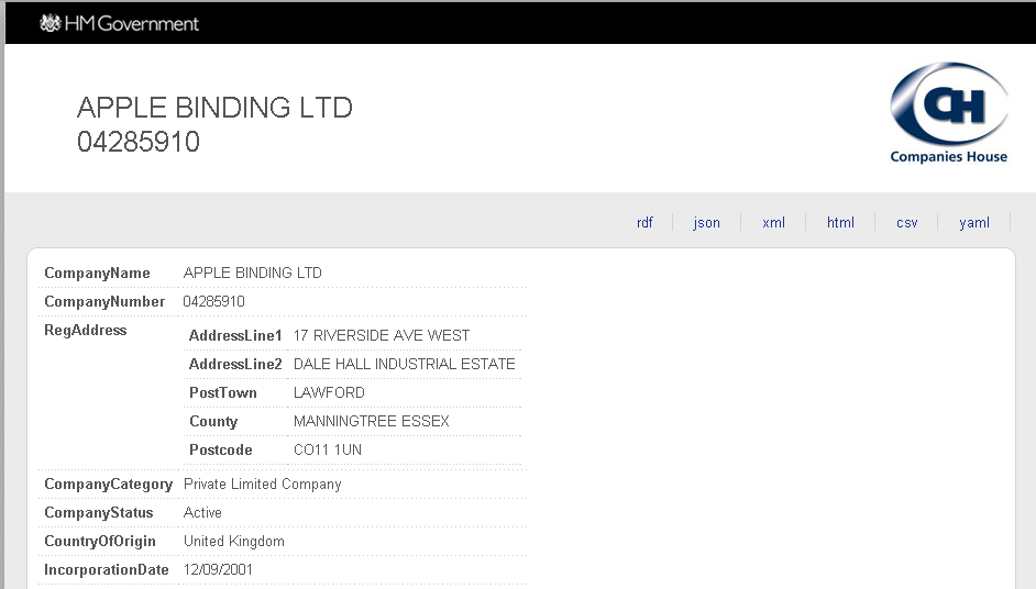 screenshot of Companies House web page about Apple Binding