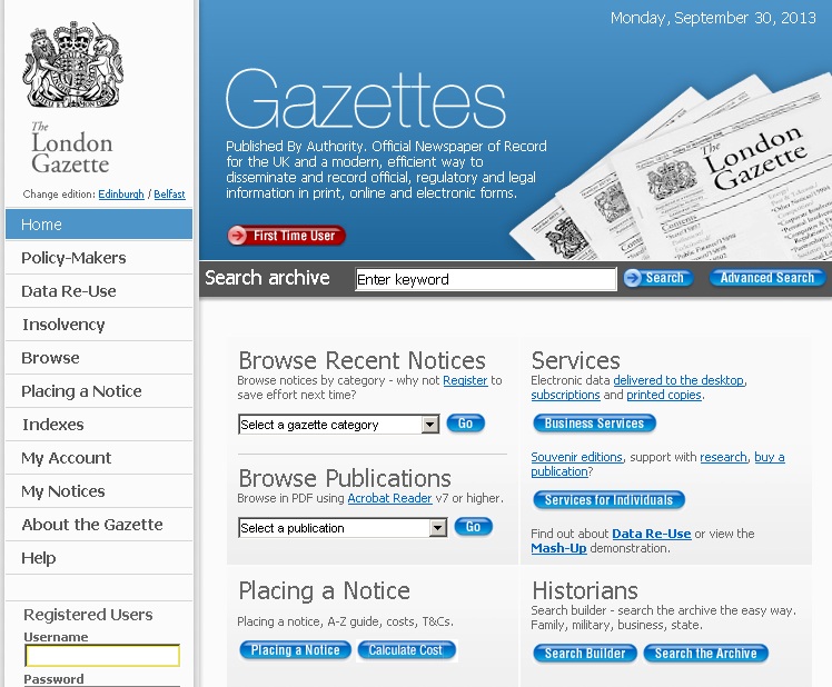 screenshot of London Gazette Website, soon to change