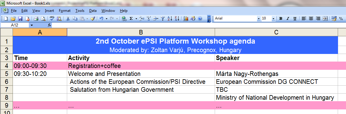 Screenshot of agenda in Excel