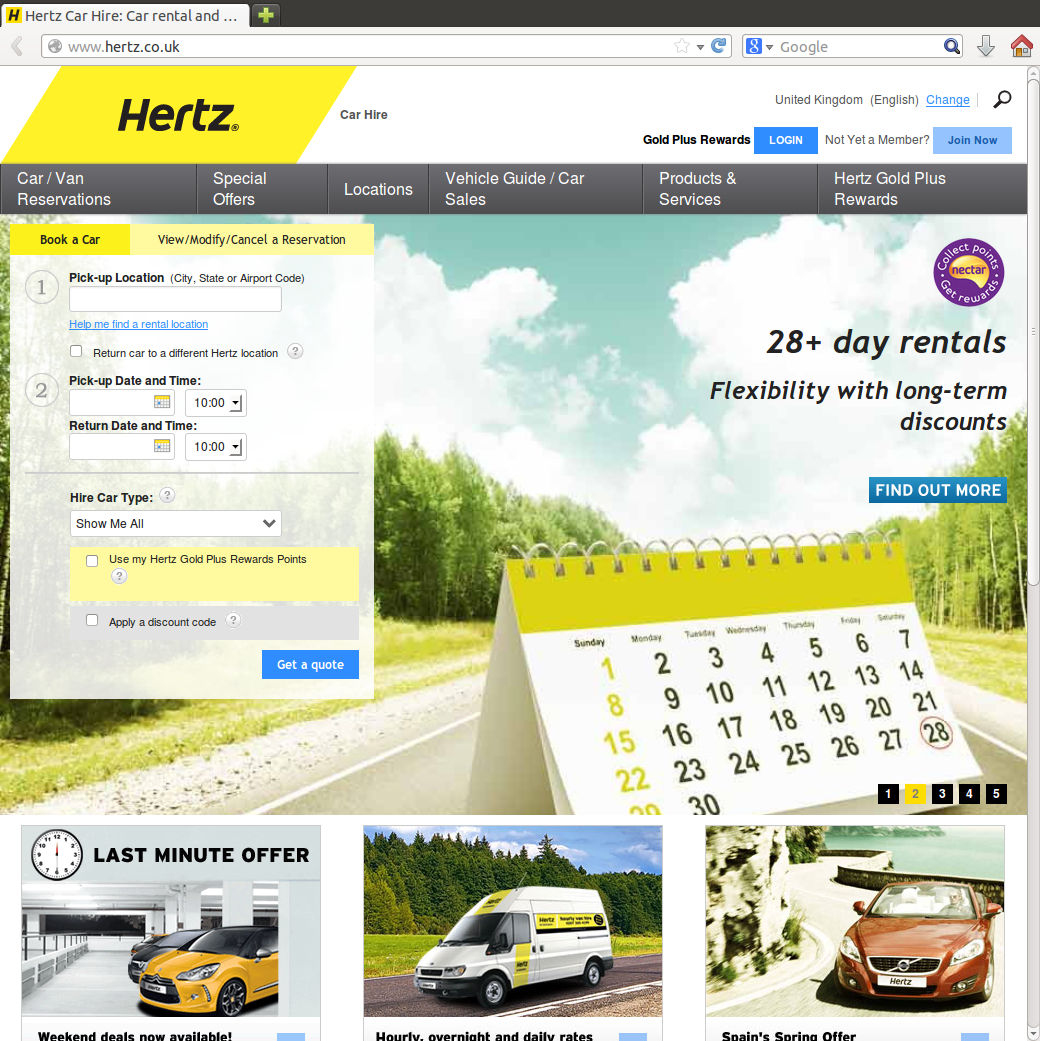 screenshot of Hertz web interface