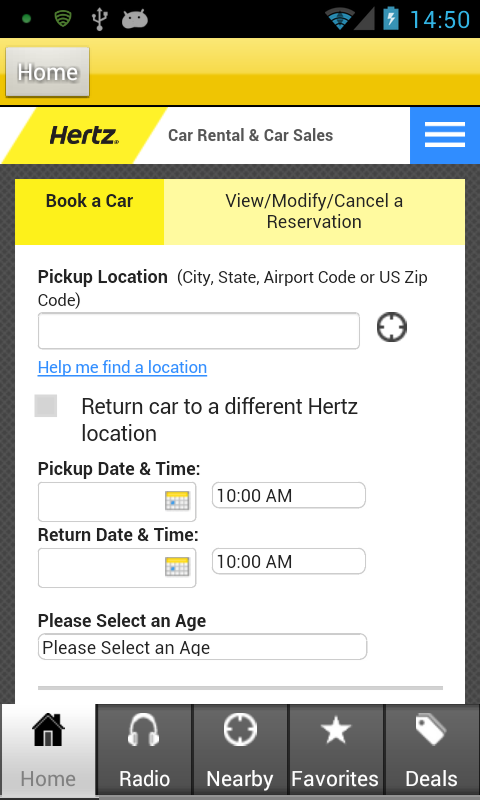 screenshot of Hertz smart phone interface