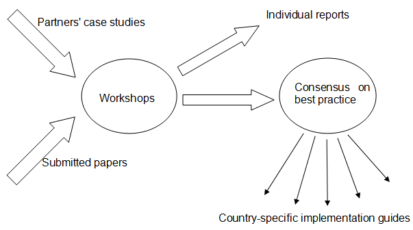 A diagram shows arrows labelled Partners' case studies and submitted papers pointing to the workshops, from which come individual reports and consensus on best practice. This in turn leads to country-specific implementation guides