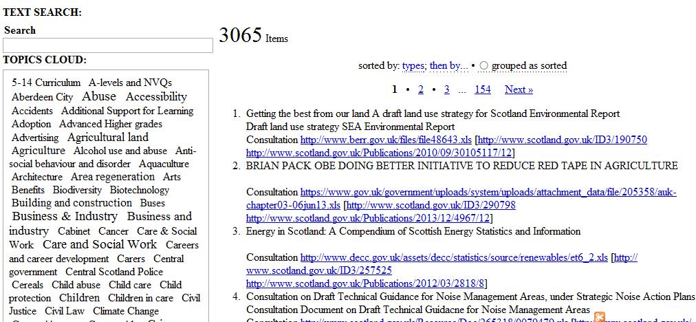 A Web page with a tag cloud on the left and a list of available CSV files on the right