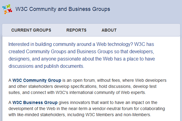 partial screenshot of W3C Community Group homepage