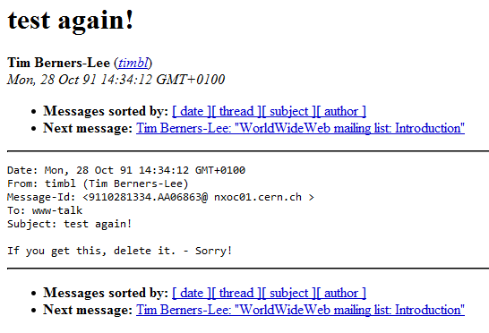 screen shot of oldest e-mail in W3C archive from October 2011