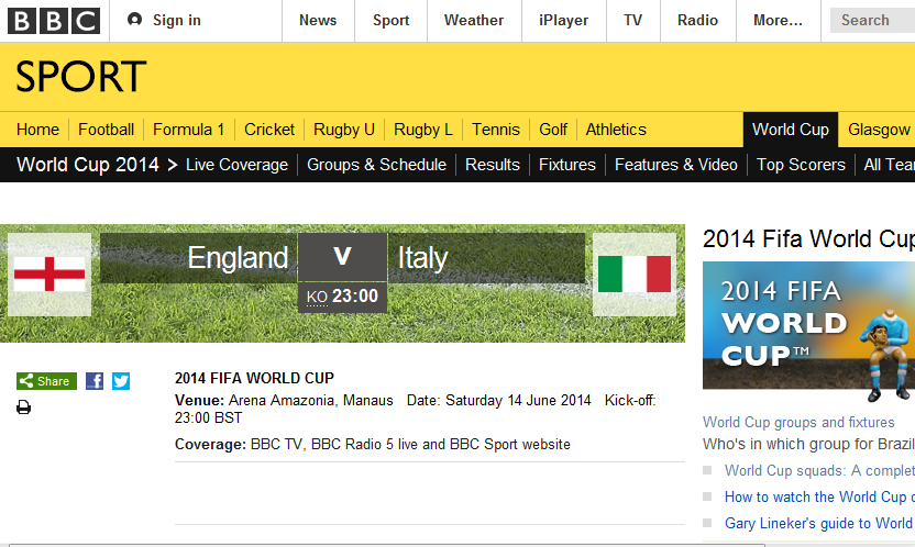 screenshot of BBC Sport page about England Italy Match in forthcoming World Cup