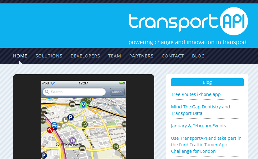 screenshot of Transport API homepage