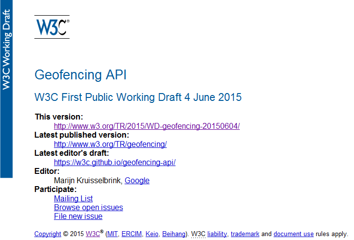 partial screenshot of the first public working draft of the Geofencing API spec