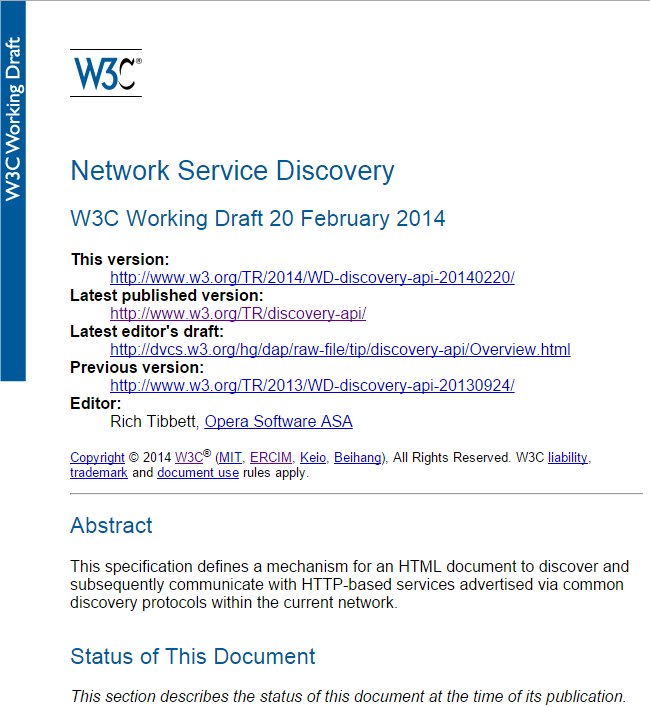 The Network Service Discovery specification developed by the Devices API Working Group