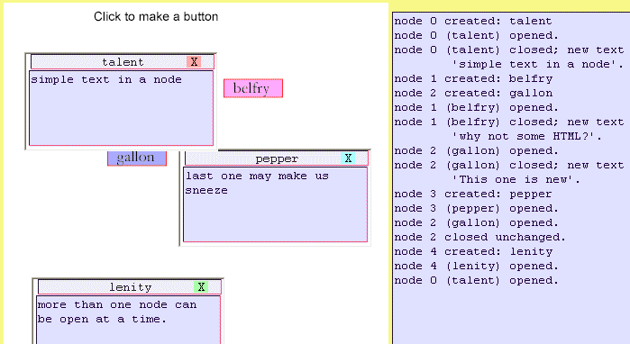 screen shot showing three textareas each with text in them and two svg rectangles to the left of a large event log containing text like 'node 1 created: belfry'