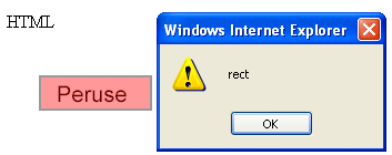 HTML alert box shown after clicking on a red rectangle with the word 'peruse' on it