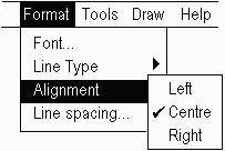 Picture of a pull down list, showing the sequence of commands, Format > Alignment > Left/Centre/Right
