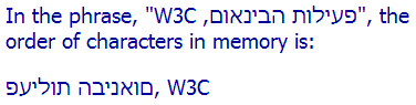Shows Hebrew text in the order stored in memory.