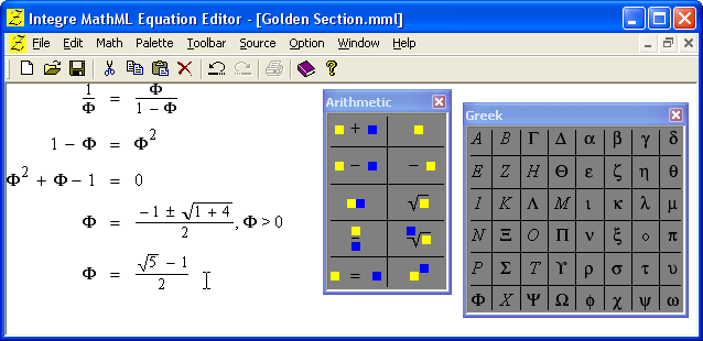 MathML Equation Editor used to author a mathematical derivation