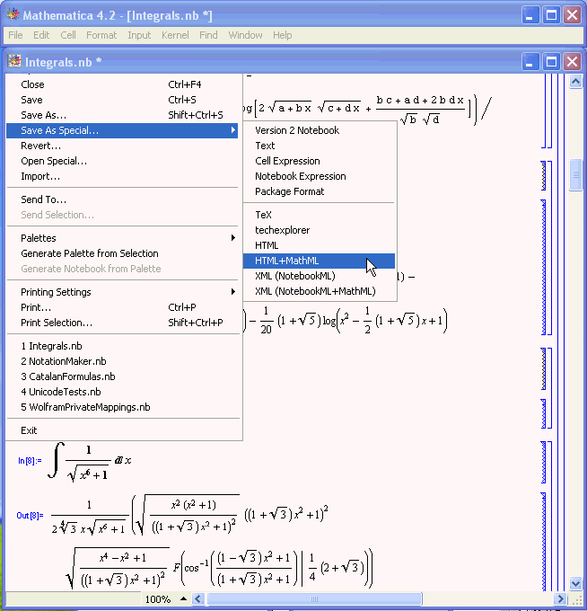 Screenshot of Mathematica's export-to-MathML function