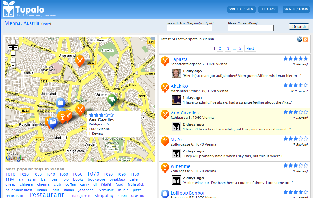 Tupalo använder sig av Googles kartor för att kunna erbjuda platsspecifika tjänster