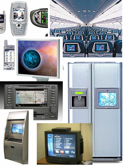 Different mobile phones, computer screen, airlines entertainment system, car navigation system, ticketing machine, television, and a refrigerator with a built-in screen