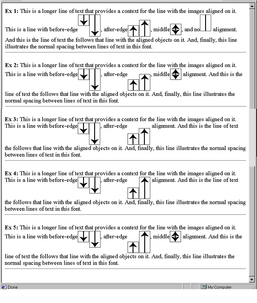 Five examples of blocks, each containing text and inline graphics, showing various alignment methods.