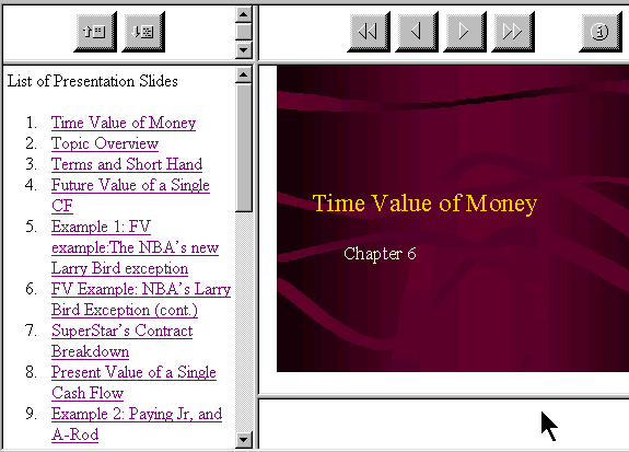 Example frameset with five frame panes rendered in Microsoft Internet Explorer 5.0