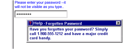 A password entry form control, with a popup window below, displaying instructions for retrieving a forgotten password