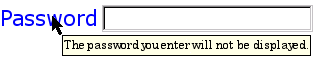 A password entry form control, with '*' characters where the text would be expected and a hint box displaying hint text.