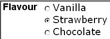radio buttons, Vanilla, Strawberry, Chocolate; Strawberry is selected