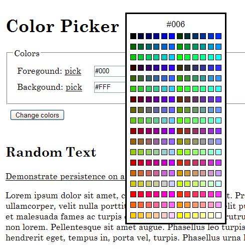 Στιγμιότυπο που εμφανίζει το εργαλείο επιλογής χρωμάτων με ανοικτή την επιλογή χρώματος για να γίνει επιλογή χρώματος για το προσκήνιο. Ο χρήστης παρουσιάζεται με μια επιλογή 216 χρωμάτων.