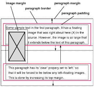 Image showing a floating
image and the effect of 'clear: left' on the two paragraphs.