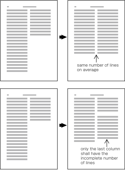 Figure 1-25 How to process incomplete number of lines on a multi-column format page. An example in horizontal composition.
