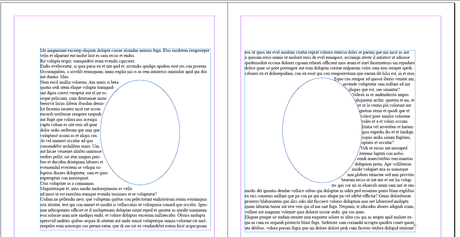 With wrap side=outer, text can flow between the runaround shape and the edge of the containing area that is furthest away from the binding, but not the other side.