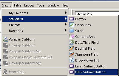 The Standard menu showing the list of form controls, including the selection of the HTTP Submit Button.