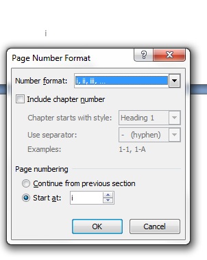 The Page Number Format dialog in Word, specifying lowercase Roman page numbering.