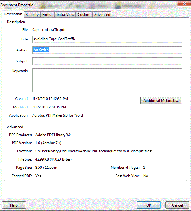 Viewing the Title field in the Description tab of the Properties dialog. The document title is entered in the field.